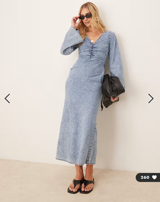 ASOS DESIGN v neck ruched bust maxi dress with flared sleeve in denim wash blue
