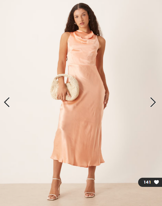 Nobody's Child Frances satin high neck drape detail midi dress in pale orange