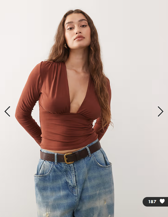 Weekday plunge long sleeve top in rustic red exclusive to ASOS