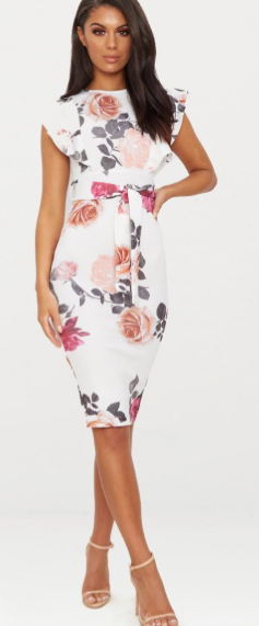 White Floral Print Frill Detail Midi Dress
