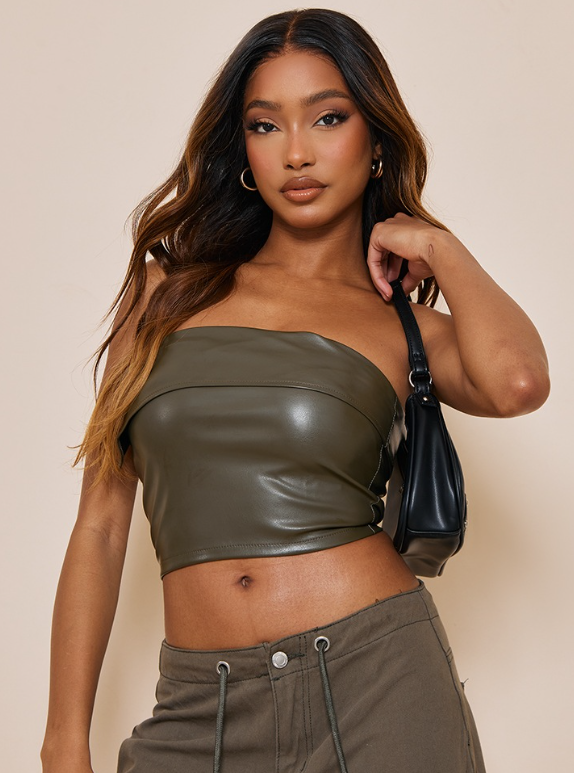 Olive Faux Leather Folded Over Crop Top