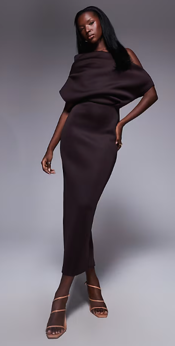 ASOS DESIGN dramatic neckline midi dress in chocolate scuba-style fabric