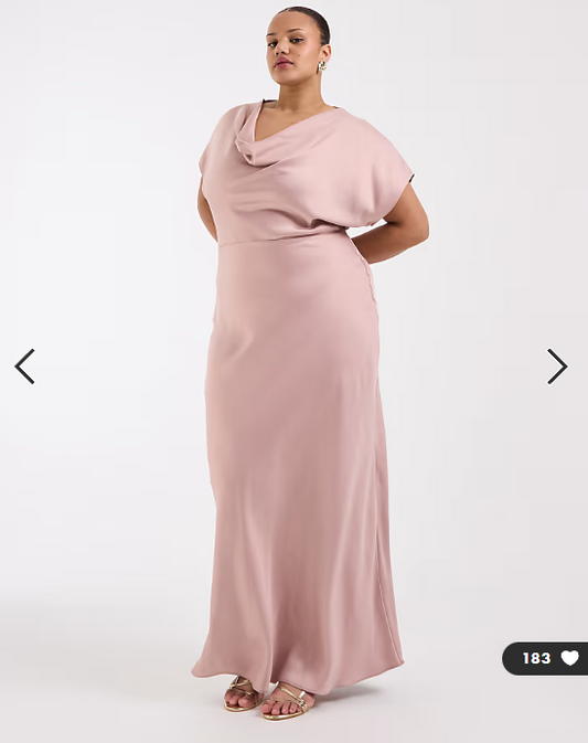 TFNC Plus Bridesmaids cowl neck satin maxi dress in dusty pink