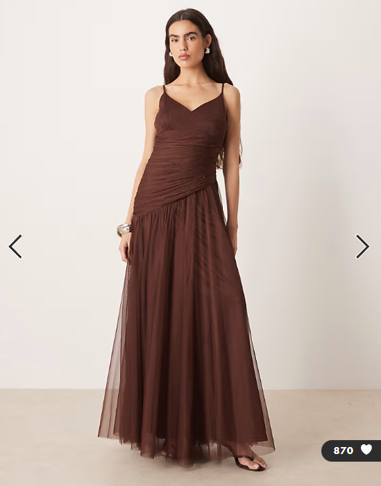 Lace & Beads tulle asymmetric drop waist maxi dress in chocolate brown