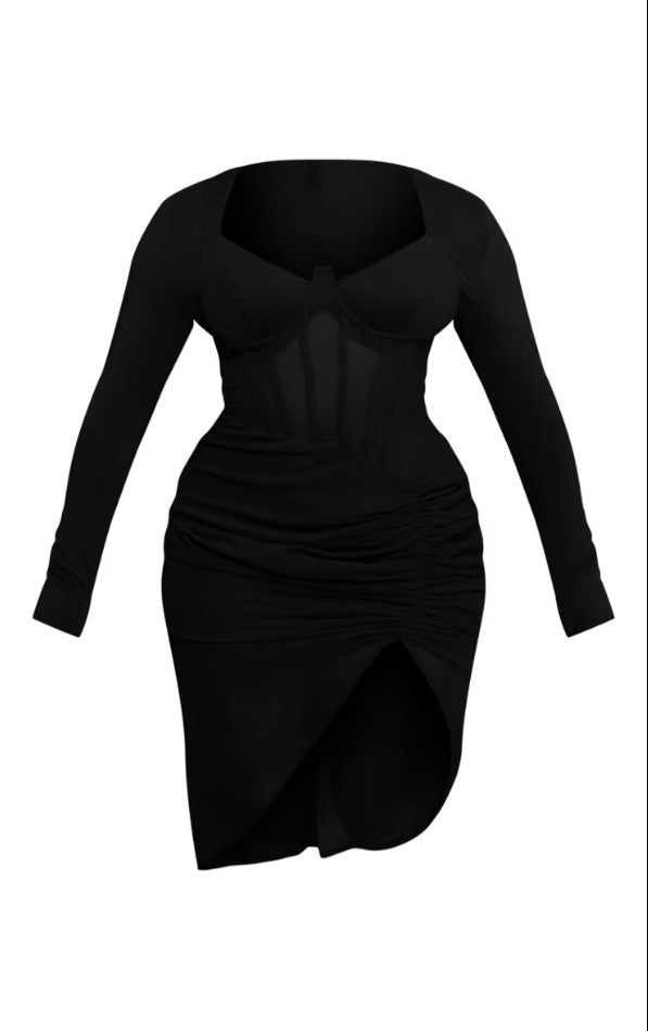 Shape Black Corset Detail Long Sleeve Ruched Midi Dress