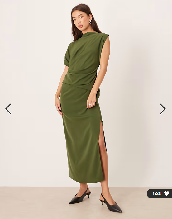 ASOS DESIGN high neck drapey pleated midi dress in olive