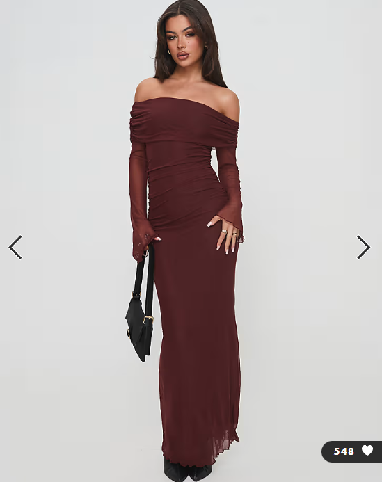Princess Polly - consideration mesh bardot flare sleeve lettuce edge maxi dress in chocolate