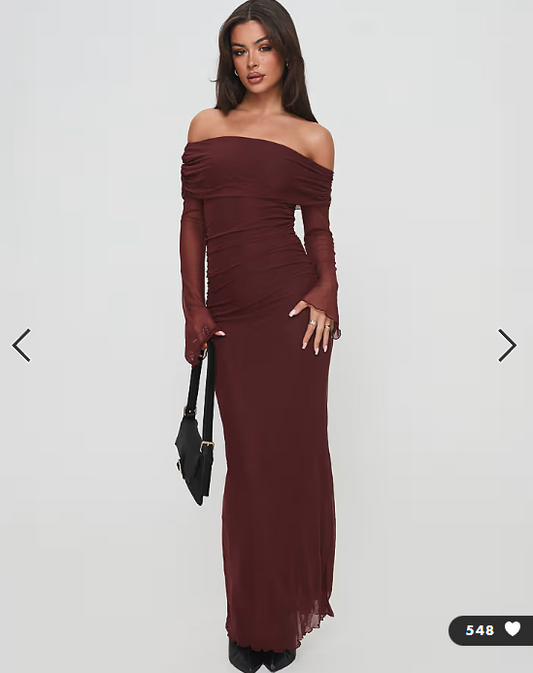 Princess Polly - consideration mesh bardot flare sleeve lettuce edge maxi dress in chocolate