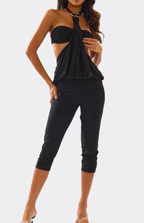 Ego - High Neck Trim Bardot Detail Capri Jumpsuit In Black Slinky