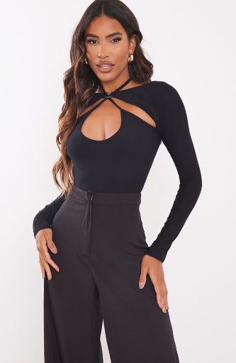 Black Jersey Ring Bardot Cut Out Bodysuit