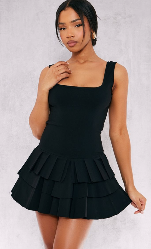 Black Stretch Woven Pleated Skort Playsuit