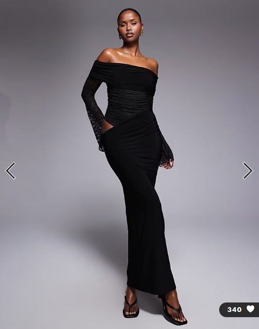 Kaiia exclusive double layered slinky lace bardot maxi dress in black