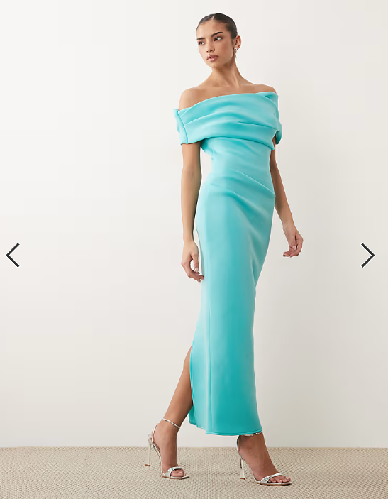 ASOS DESIGN bardot midi dress with split in turquoise scuba-style fabric