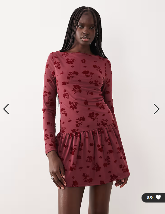 ASOS DESIGN floral flocked dropped hem mesh mini dress in burgundy
