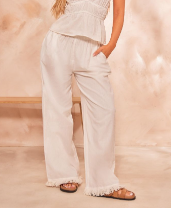 White Linen Look Frayed Hem Wide Leg Trousers