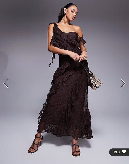 ASOS DESIGN one shoulder mixed lace ruffle midaxi dress in chocolate brown