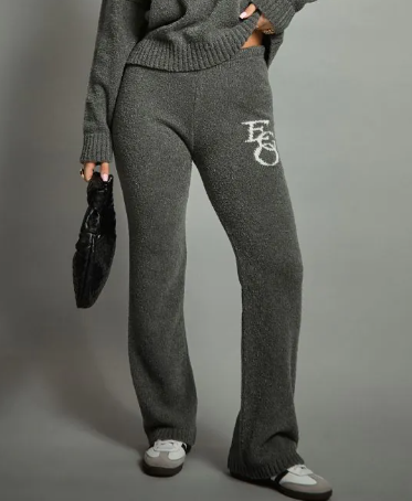Mid Waist Ego Graphic Straight Leg Trousers In Grey Knit