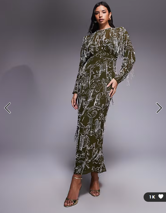 ASOS DESIGN long sleeve all over fringe embellished maxi dress in khaki