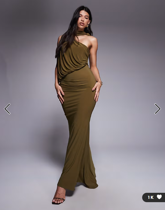 ASOS DESIGN one shoulder slinky drape maxi dress with cape detail in khaki