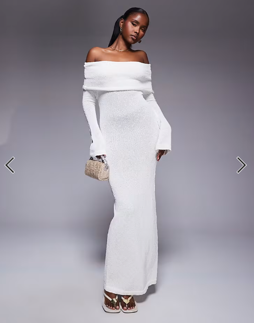 Aria Cove textured boucle knit bardot foldover maxi dress in cream