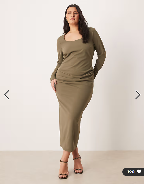 ASOS DESIGN curve long sleeve scoop neck midi dress in khaki