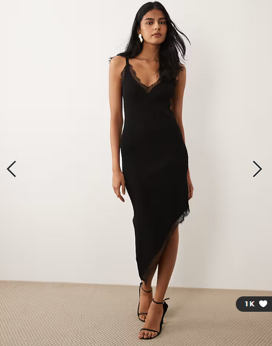 Mango asymmetric hem midi dress with lace trim in black