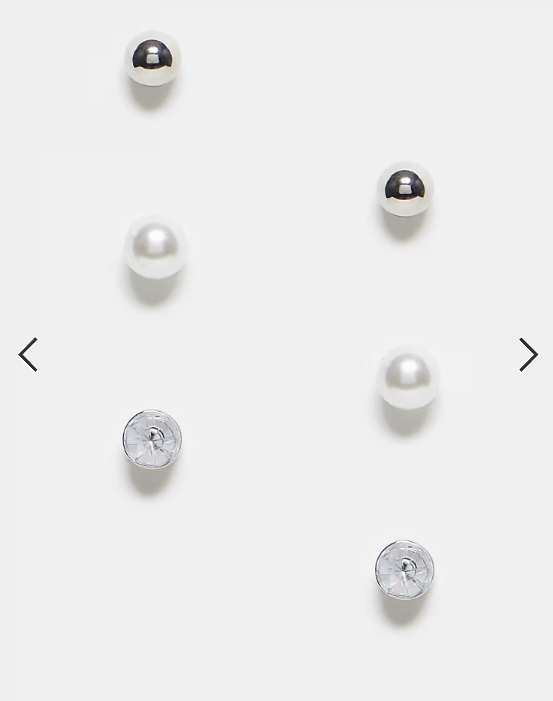 Pieces 3 pack pearl & diamante stud earrings in silver & white