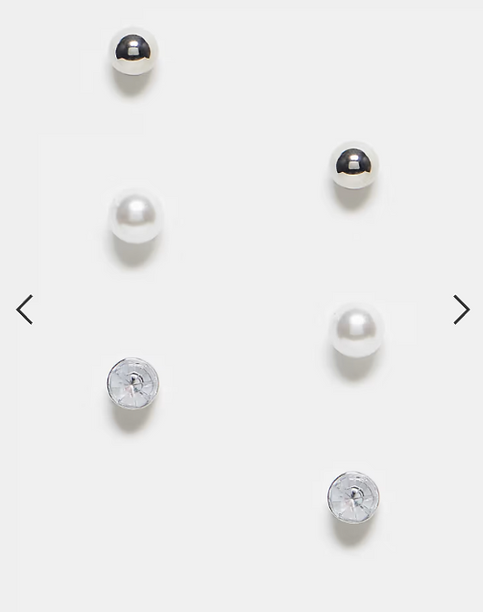 Pieces 3 pack pearl & diamante stud earrings in silver & white