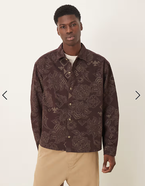 Asos - boxy oversized cord shirt with floral print in brown
