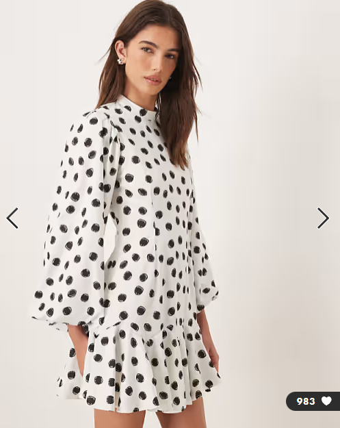 Sister Jane Illume exclusive high neck balloon sleeve ruffle drop hem mini dress in white spot print