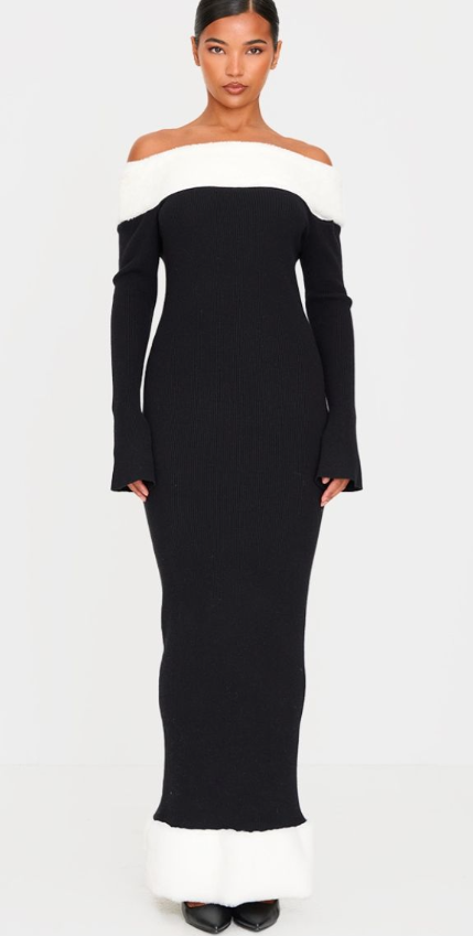 Plt - Black Rib Knit Contrast Fur Trim Bardot Maxi Dress