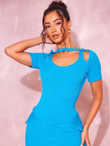 Petite Blue Knitted Cut Out Bodysuit