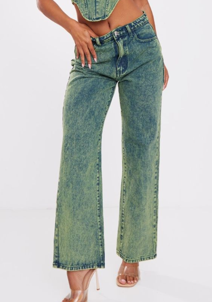 Green Tint Vintage Wash Mid Rise Wide Leg Jeans
