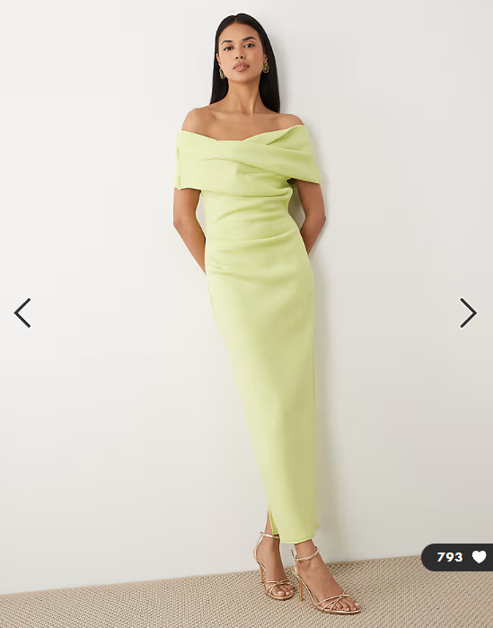 ASOS DESIGN bardot midi dress with split in light green scuba-style fabric