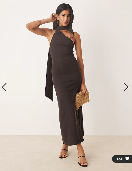 ASOS DESIGN ribbed one shoulder neck scarf midi dress in chocolate