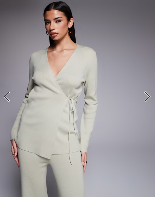 Kaiia exclusive ribbed knit wrap front top co-ord in sage