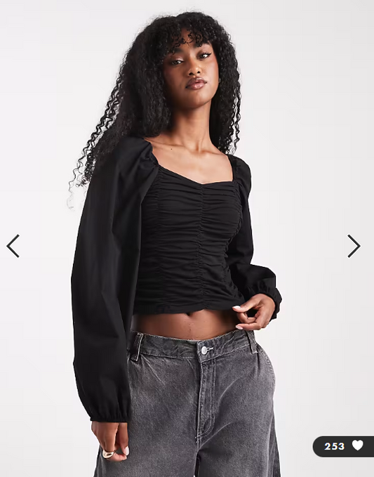 Pieces ruched long sleeve blouse in black