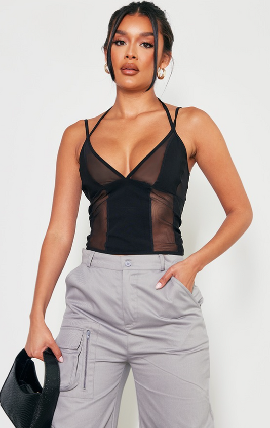 Black Stretch Woven Mesh Panel Detail Strappy Long Top