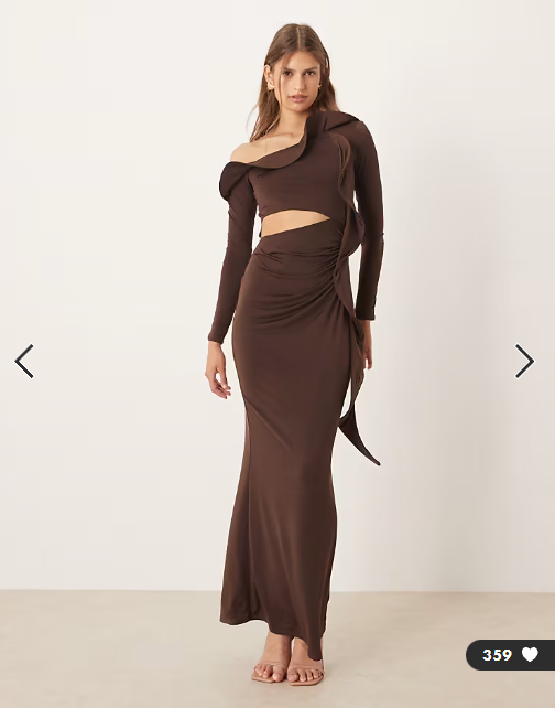 ASOS DESIGN long sleeve structured ruffle midi dress with cut out detail in chocolate