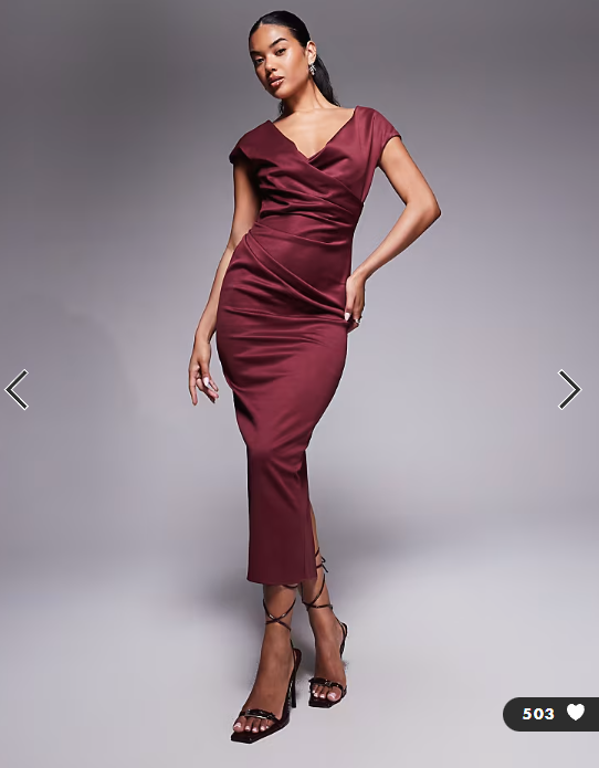 ASOS DESIGN structured midi dress with capped sleeve and draped cross front in dark berry