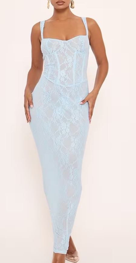 Ego - Sweetheart Neck Seam Detail Corseted Maxi Dress In Blue Floral Lace