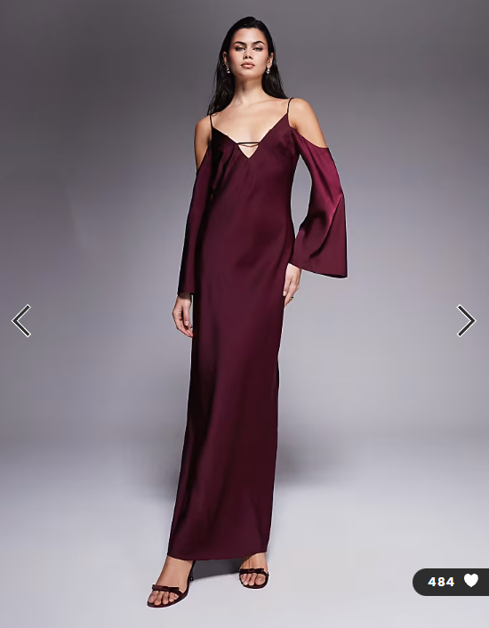 ASOS DESIGN satin long sleeve fallen shoulder cami midi dress in plum