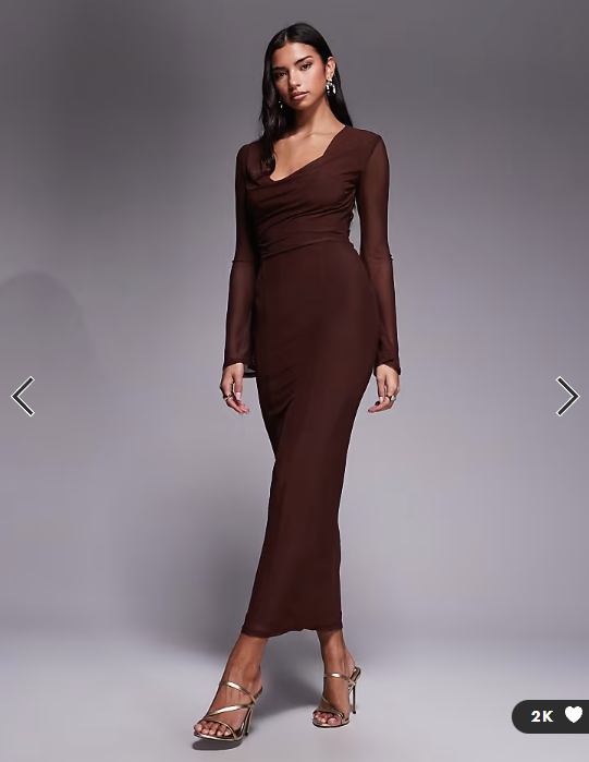 ASOS DESIGN mesh angel sleeve lace up back long sleeve maxi dress in chocolate
