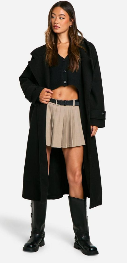 Boohoo Petite Oversized Wool Look Longline Belted Trench Coat