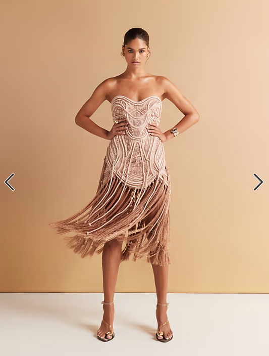 ASOS DESIGN embellished bandeau mini dress with fringing hem in golden bronze