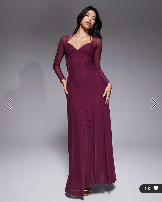 ASOS DESIGN mesh long sleeve maxi dress with exposed seam detail in deep plum