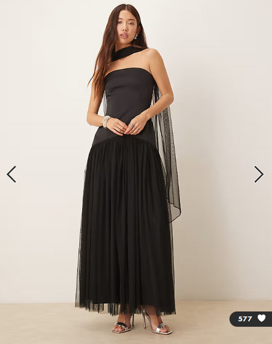 Lace & Beads tulle bandeau drop waist maxi dress with scarf in black