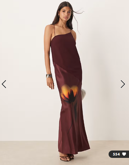 ASOS DESIGN draped satin chiffon cami maxi dress in placement burgundy floral print