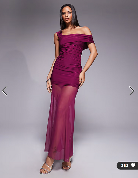 Kaiia exclusive double layered slinky asymmetric one shoulder sheer hem maxi dress in raspberry