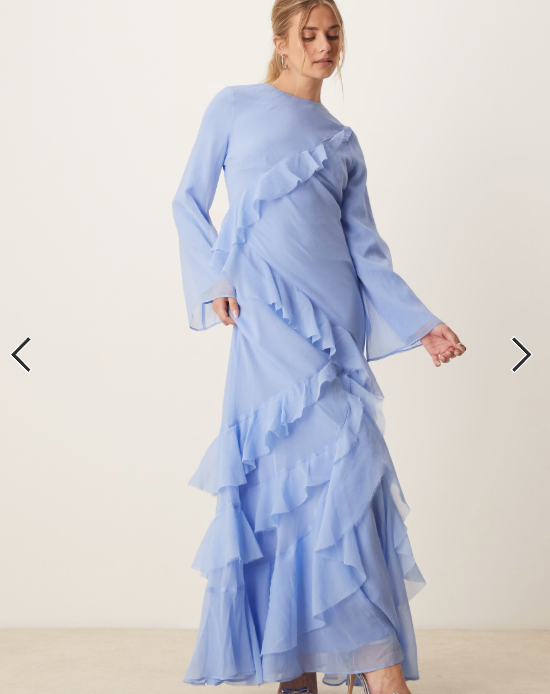 ASOS DESIGN fluted long sleeve extreme ruffle maxi dress in blue